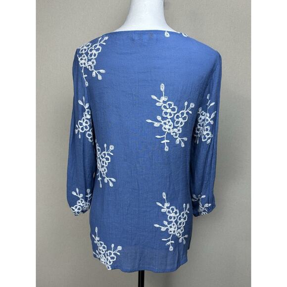 ANNELIEGE Gauze Top L (fits as M) Scoop Neck 3/4 Slvs. Embroidery Boho - Picture 4 of 11